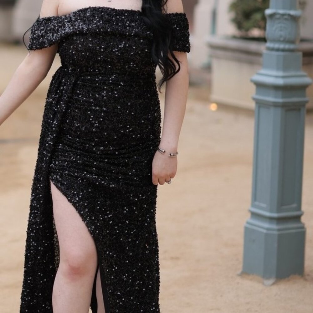 Sequin Off Shoulder Draped Asymmetrical